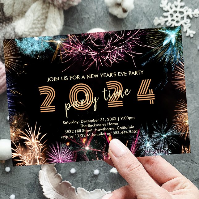 Invitación a la fiesta de Año Nuevo con fuegos art (2024 Gold Fireworks New Year's Eve Party Invitation)
