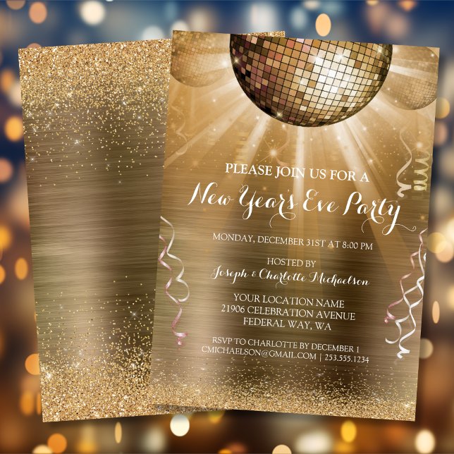 Invitación a la fiesta de Año Nuevo de Metallic Go (Metallic Gold Glam New Year's Eve Party Invitation)
