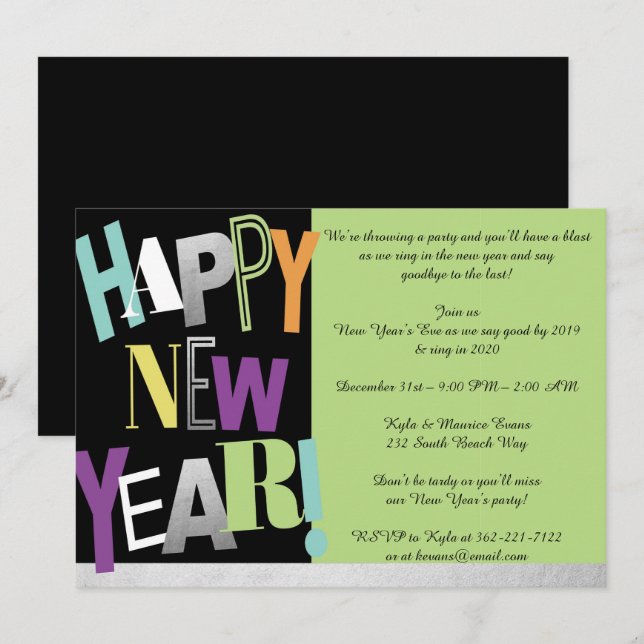 Invitación a la fiesta de Año Nuevo Feliz (Anverso / Reverso)