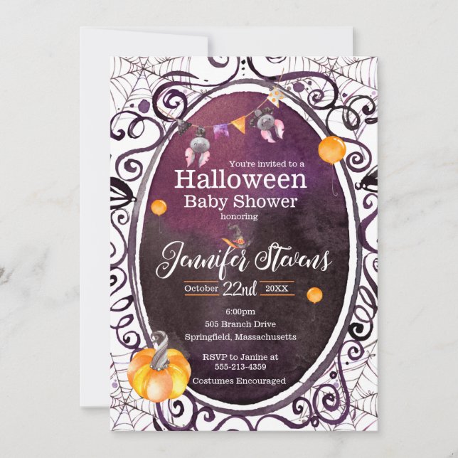 Invitación a la fiesta de Baby Shower de Halloween (Anverso)