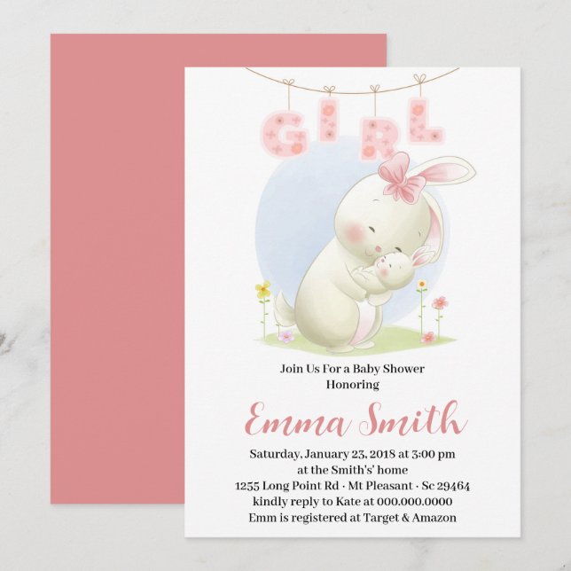Invitación a la fiesta de baby shower de Sweet Bun (Anverso / Reverso)