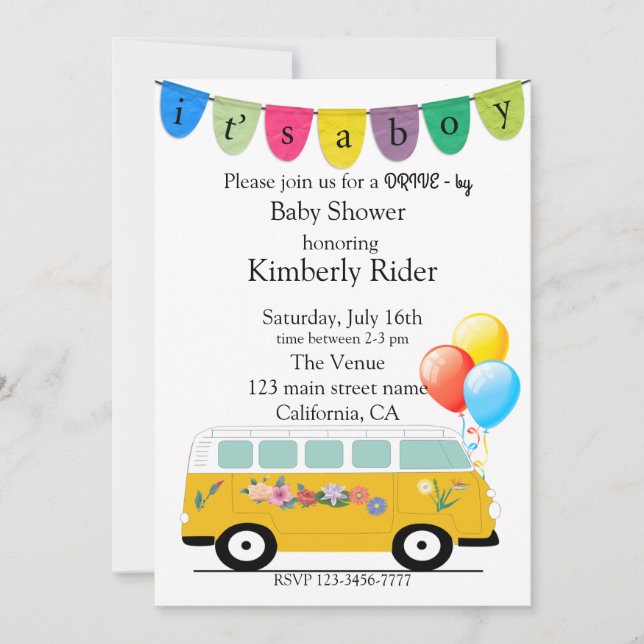 Invitación a la fiesta de baby shower en coche (Anverso)