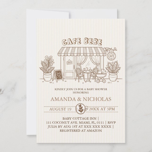 Invitación a la fiesta de baby shower en el Cafe B (Anverso)