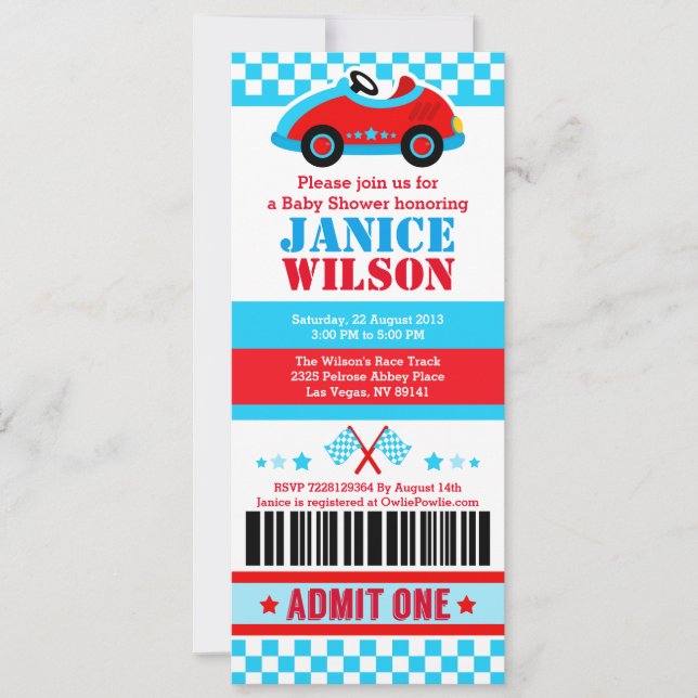 Invitación a la fiesta de Baby Shower Race Car Tic (Anverso)