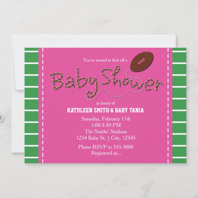 Invitación a la fiesta de baby shower rosa de fútb (Anverso)