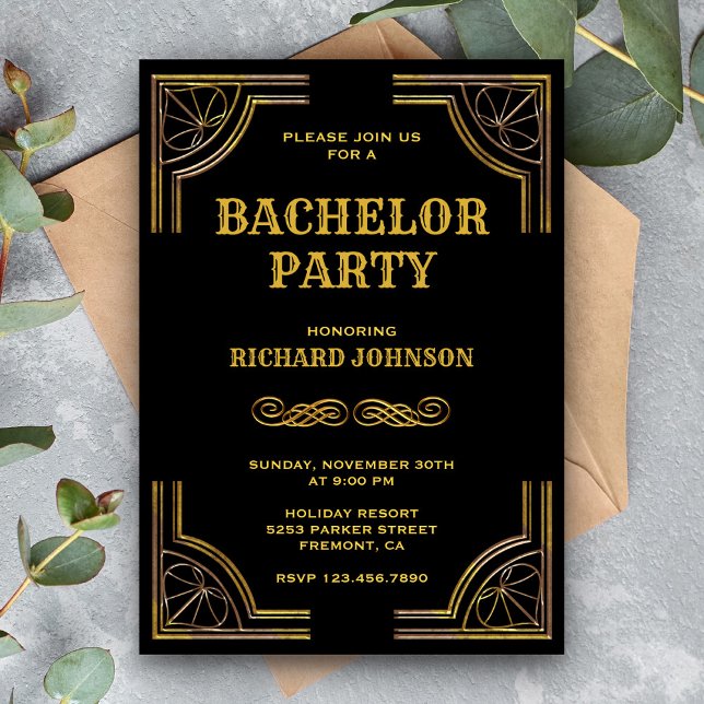 Invitación a la fiesta de Bachelor Black Gold Art  (Subido por el creador)