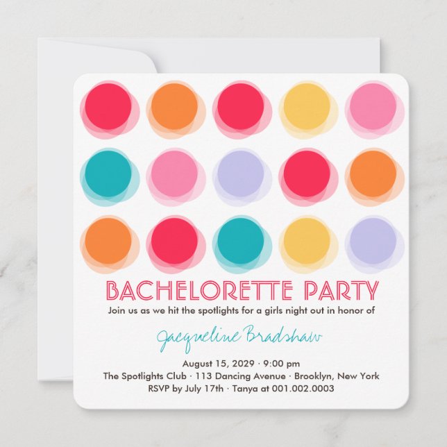 Invitación a la fiesta de Bachelorette Color Disco (Anverso)