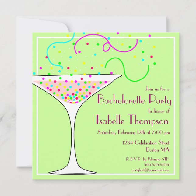Invitación a la fiesta de Bachelorette de Confetti (Anverso)