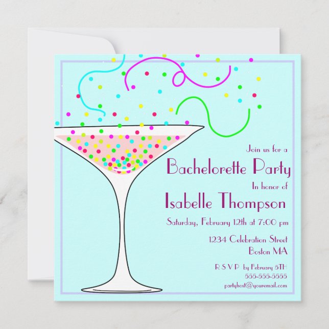 Invitación a la fiesta de Bachelorette de Confetti (Anverso)