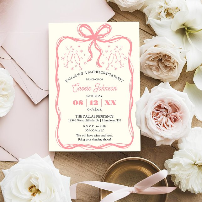 Invitación a la fiesta de Bachelorette de Coquette (Coquette Pink Bow Bachelorette Party Invitation)