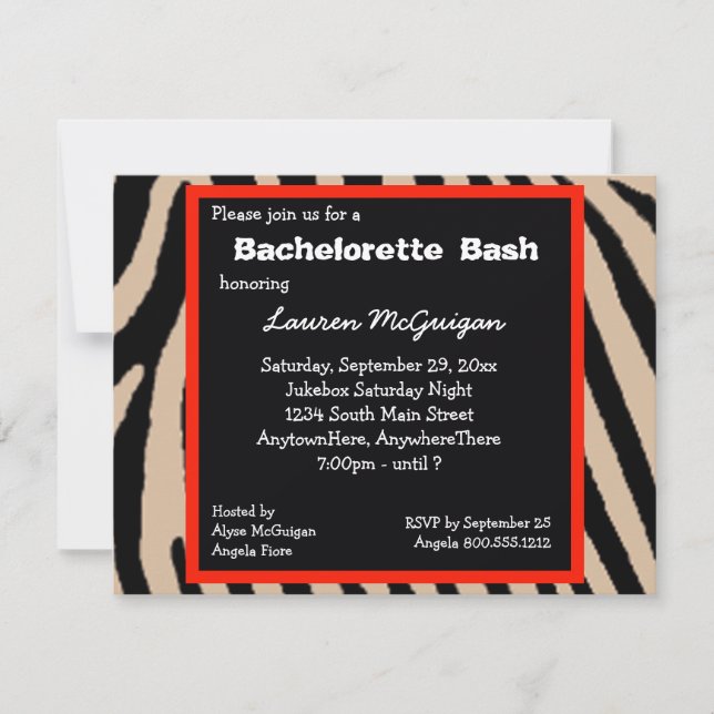 Invitación a la fiesta de Bachelorette de Zebra St (Anverso)