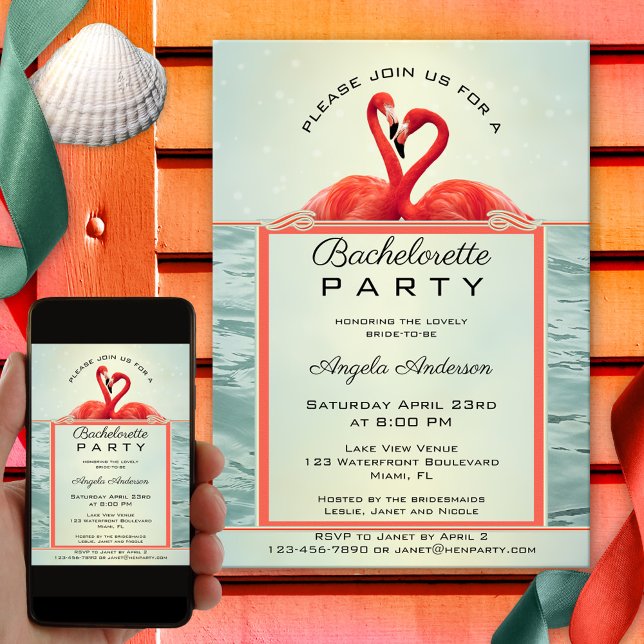 Invitación a la fiesta de Bachelorette Flamingo (Bachelorette party invitation featuring two romantic flamingos on sparkling pale blue green water)