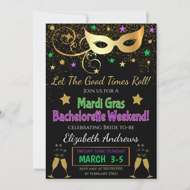 Invitación a la fiesta de Bachelorette Mardi Gras (Anverso)
