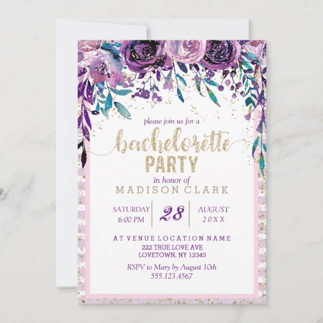 Invitación a la fiesta de Bachelorette Purple Flor (Anverso)