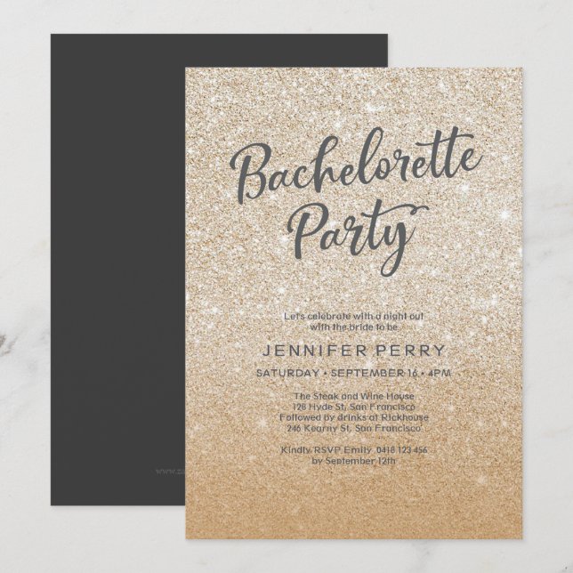 Invitación a la fiesta de Bachelorette, purpurina  (Anverso / Reverso)