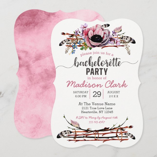 Invitación a la fiesta de Bachelorette rosa de la  (Anverso / Reverso)