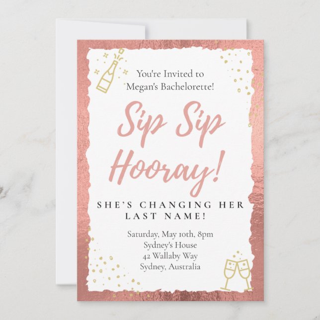 Invitación a la fiesta de Bachelorette Sip Hooray (Anverso)