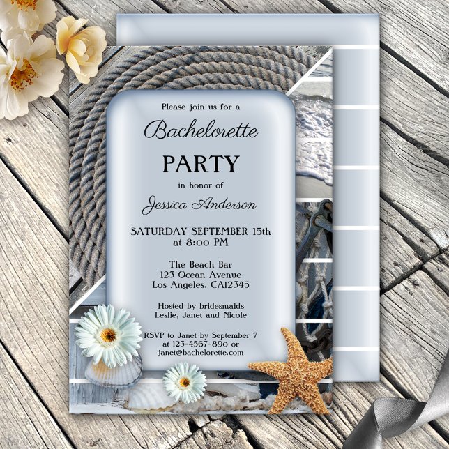 Invitación a la fiesta de bachillerato de playa ná (Nautical bachelorette party invitation featuring starfish, shells, rope and beach images)