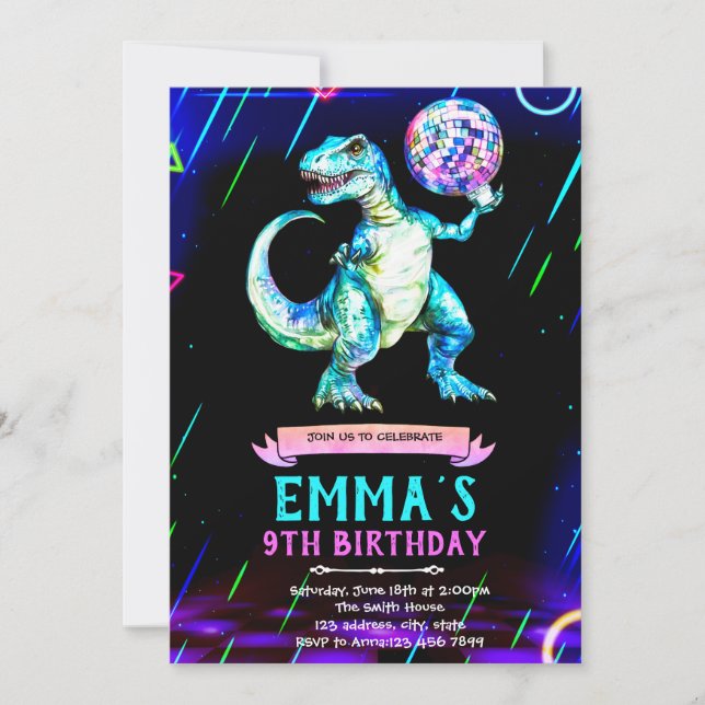 invitación a la fiesta de baile de dinosaurios dis (Anverso)