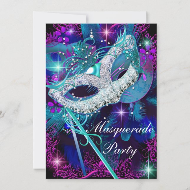 Invitación a la fiesta de baile de máscaras azul v (Anverso)