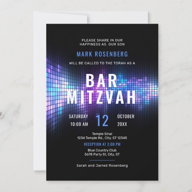 Invitación a la fiesta de Bar Mitzvah de DJ Techno (Anverso)