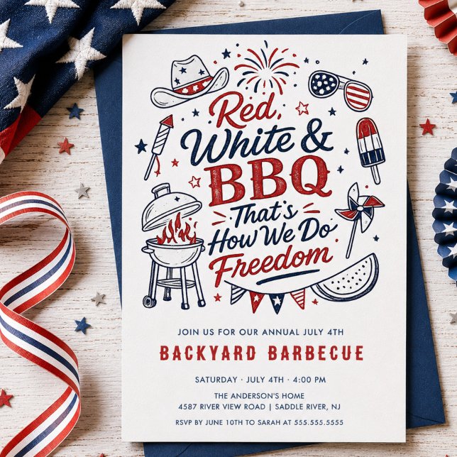 Invitación a la fiesta de barbacoa roja, blanca y  (Subido por el creador)