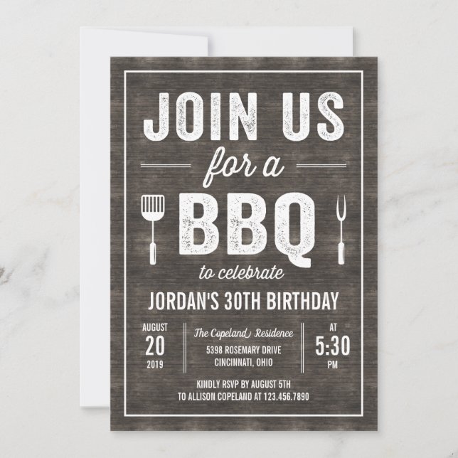 Invitación a la fiesta de barbacoa Rustic Wood RWC (Anverso)