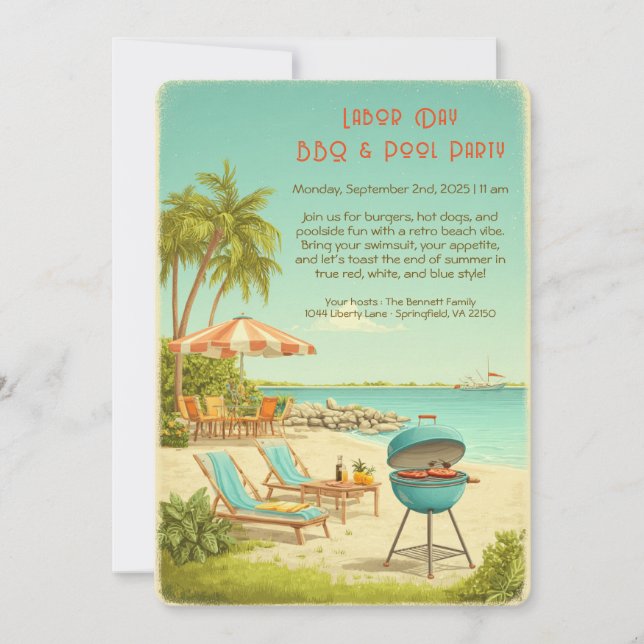 Invitación a la fiesta de BBQ y piscina vintage de (Anverso)