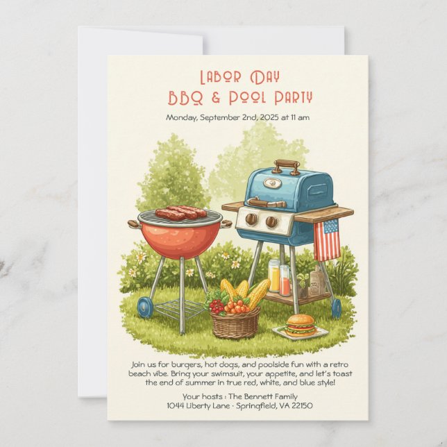 Invitación a la fiesta de BBQ y piscina vintage de (Anverso)