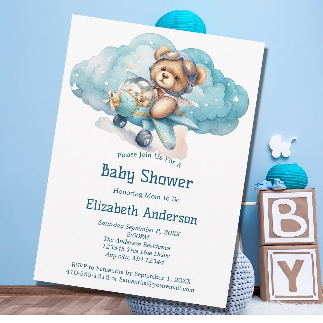 Invitación a la fiesta de bebé 'Avión de oso de pe (Subido por el creador)