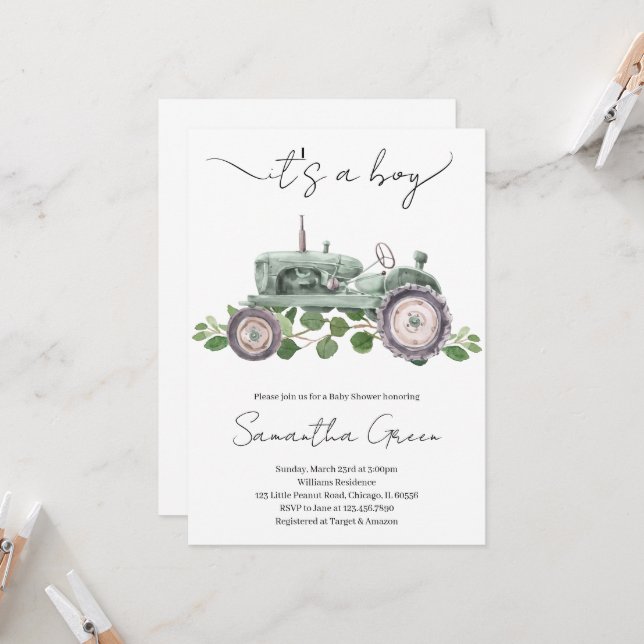Invitación a la fiesta de bebé con tractor de niño (Anverso/Reverso In Situ)