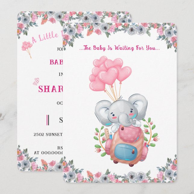 Invitación a la Fiesta de Bebé de Elefante Rosa Ad (Anverso / Reverso)