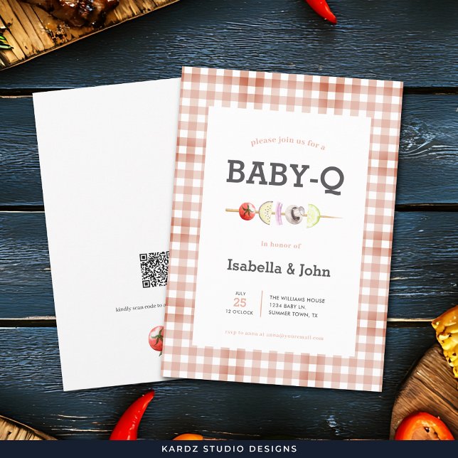 Invitación a la Fiesta de Bebé de Q a la Parrilla  (Front and back of card shown in 5 x 7 in. Add QR on  back of the card for gift registry or change it)