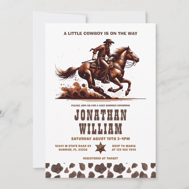 Invitación a la fiesta de bebé de vaquero occident (Anverso)