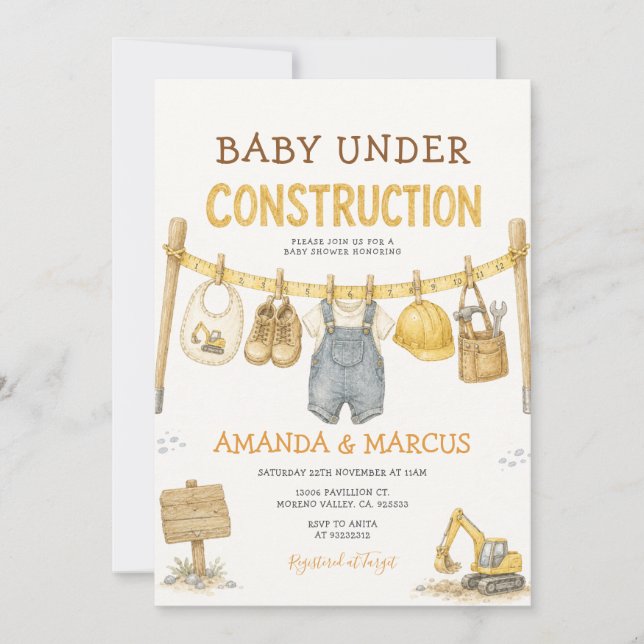 Invitación a la fiesta de bebé en construcción niñ (Anverso)