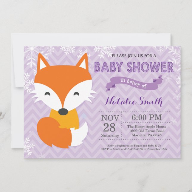 Invitación a la fiesta de bebé niña Zorra Morada d (Anverso)