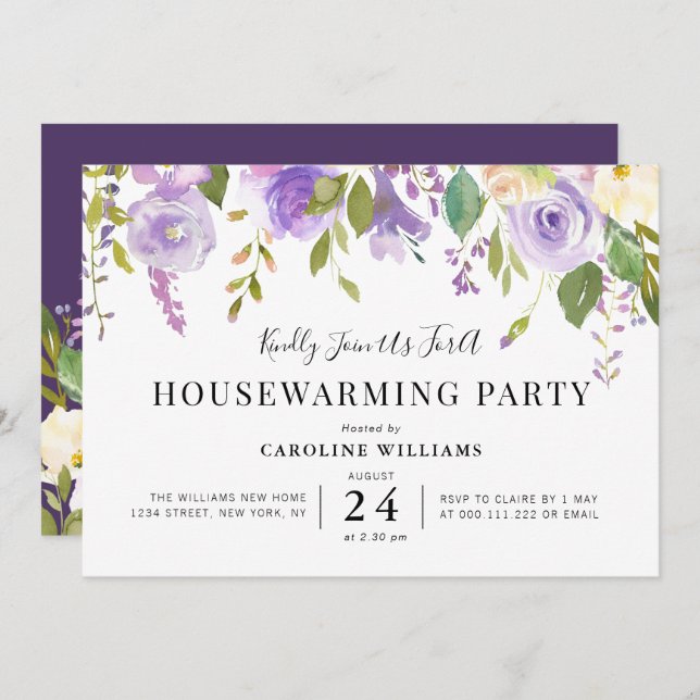 invitación a la fiesta de bienvenida morada floral (Anverso / Reverso)