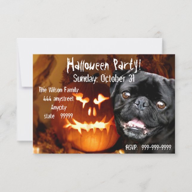 Invitación a la fiesta de Black Pug de Halloween (Anverso)