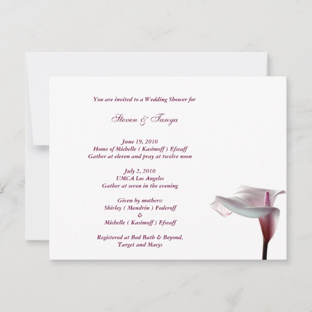 Invitación a la fiesta de boda Calla Lily (Anverso)