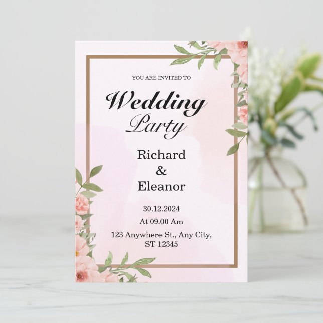 Invitación a la fiesta de boda simple rosa y marró (Anverso de pie)