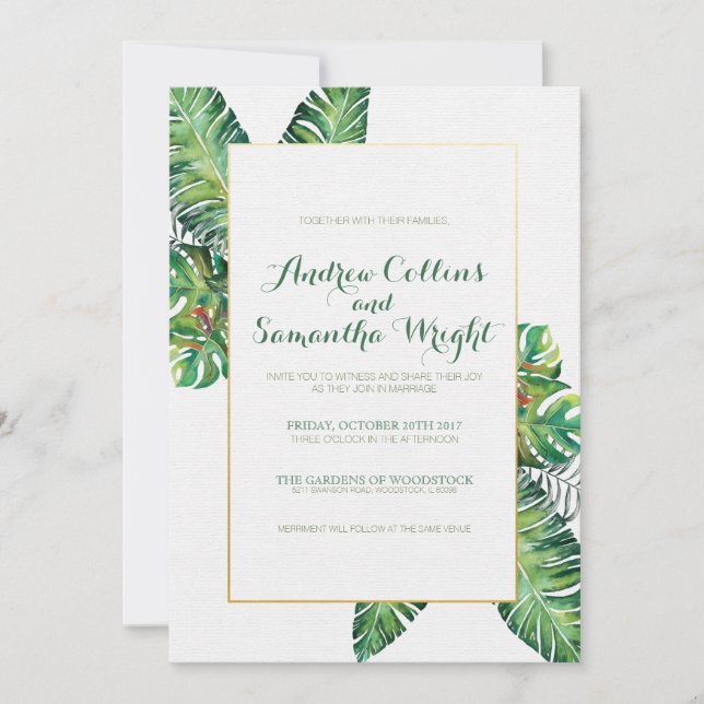 Invitación a la fiesta de bodas de las hojas tropi (Anverso)