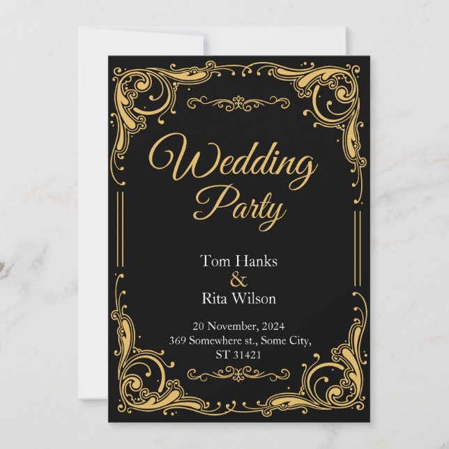 Invitación a la Fiesta de Bodas Elegantes en Negro (Anverso)