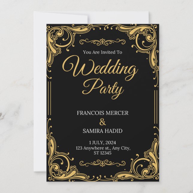 Invitación a la Fiesta de Bodas Elegantes en Negro (Anverso)