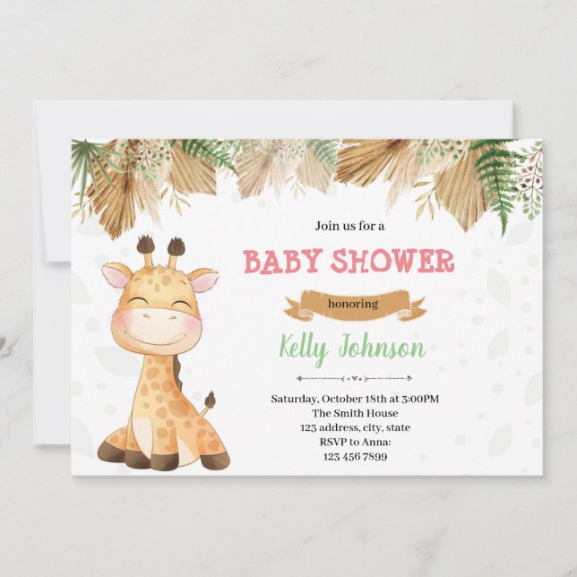 Invitación a la fiesta de Boho giraffe (Anverso)