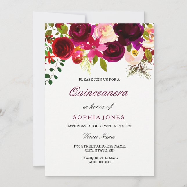 Invitación a la fiesta de Boho Quinceanera floral  (Anverso)