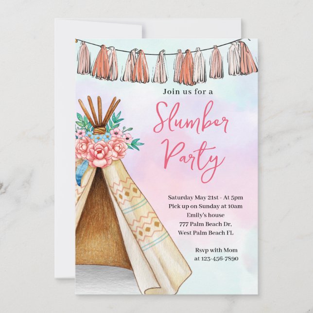 Invitación a la fiesta de Boho Teepee Tent Sleepov (Anverso)