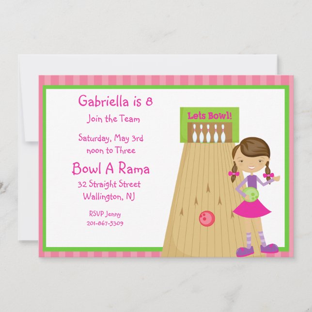 Invitación a la fiesta de boliche de Chicas rosado (Anverso)