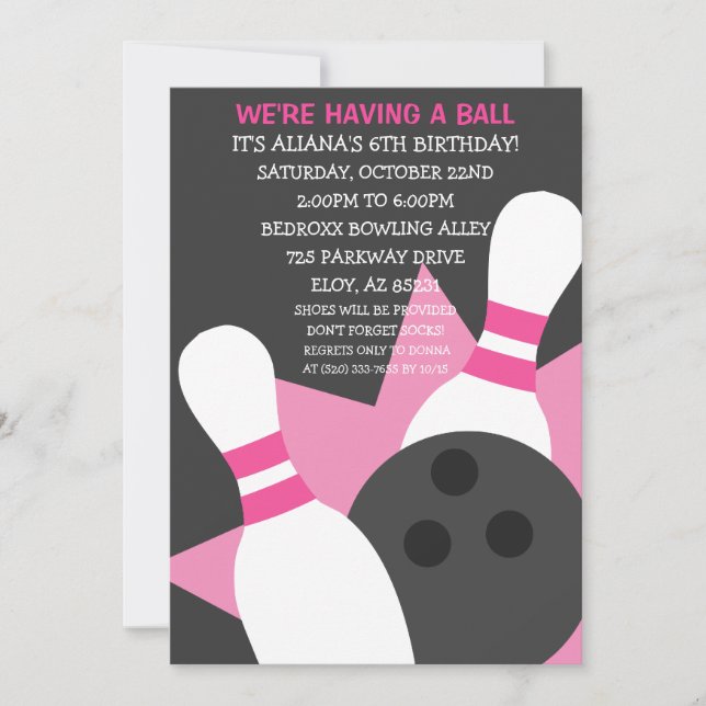 Invitación a la fiesta de boliche gris/rosa (Anverso)
