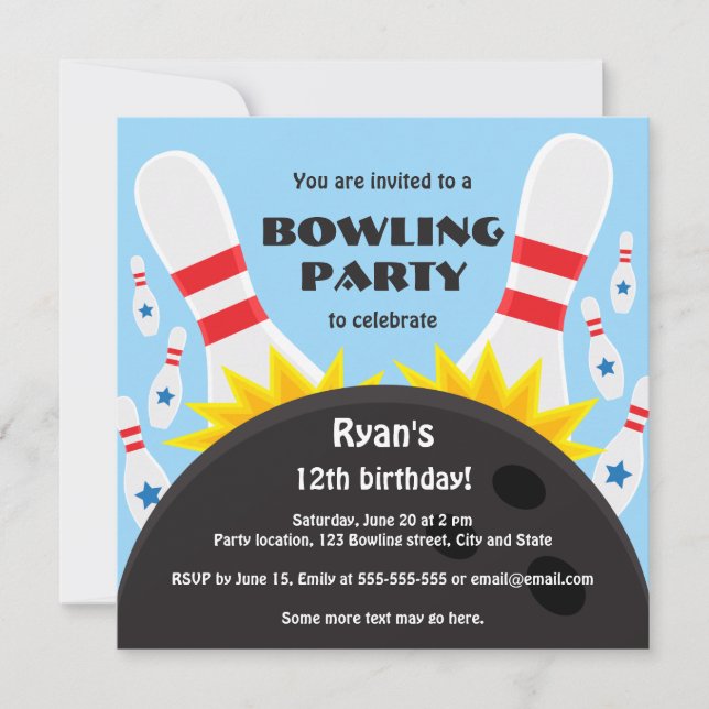 Invitación a la fiesta de bolos con boliche, azul (Anverso)