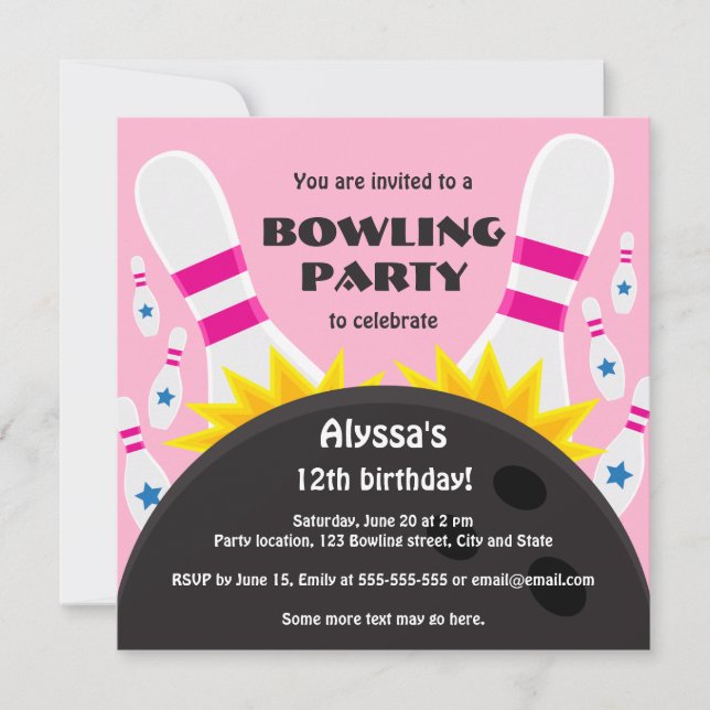 Invitación a la fiesta de bolos con boliche, rosa (Anverso)